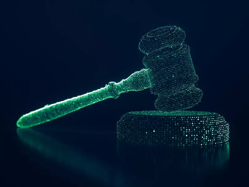 3D hologram gavel in cyberspace