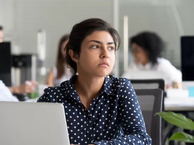 Woman writer looking stoic