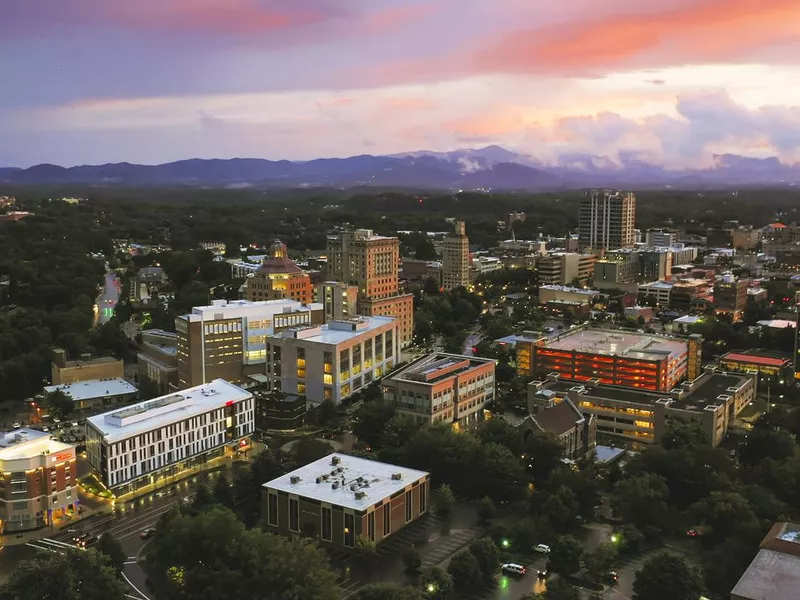 Asheville city downtown during sunset North Carolina Aerial view