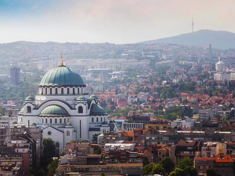 Belgrade downtown skyline with temple of Saint Sava and Avala tower