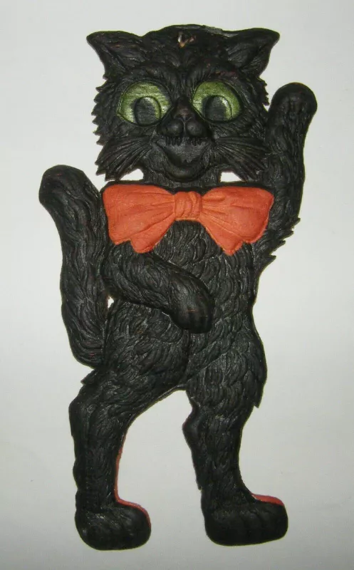 Antique 1920s German Embossed Halloween Waving Black Cat Decoration