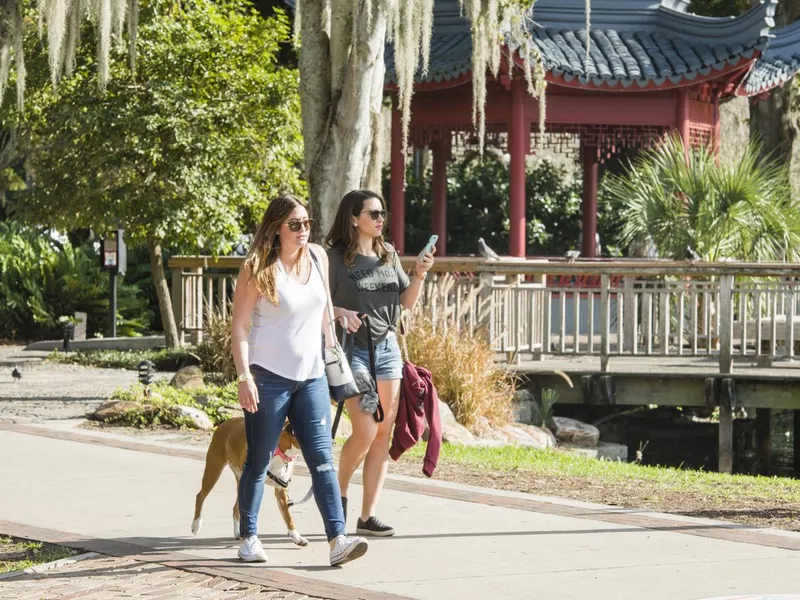 Women Walking Dog at Lake Eola Downtown Orlando Florida USA