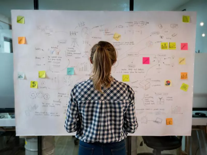 Woman sketching a business plan at a creative office