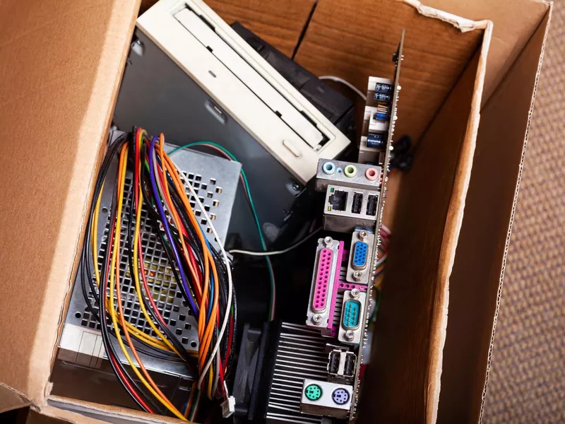 Electronic waste, cardboard box package full of e-waste, old dated desktop pc, computer components. Outdated technology safe disposal, throwing away obsolete electronic parts, eco recycling concept