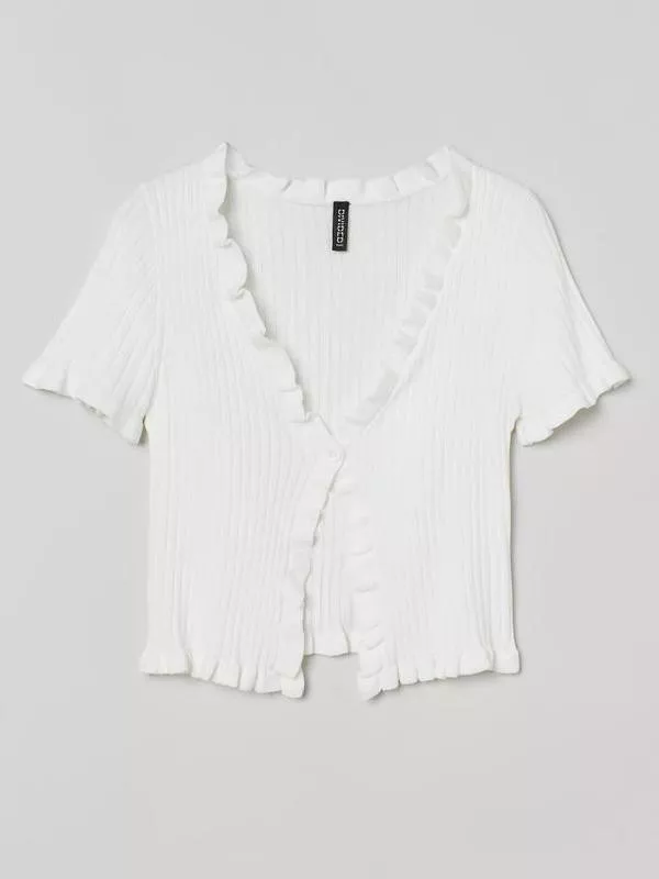 Ruffle-trimmed Ribbed Cardigan