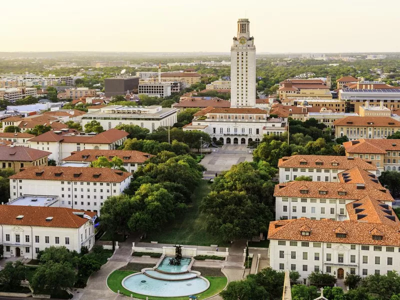 University of Texas (UT) Austin campus at sunset aerial view