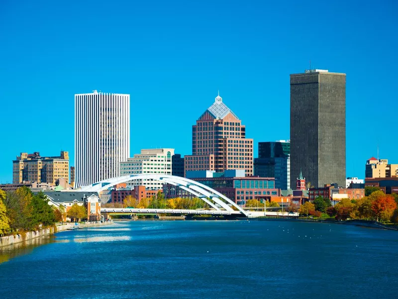 Rochester skyline with bridge and river