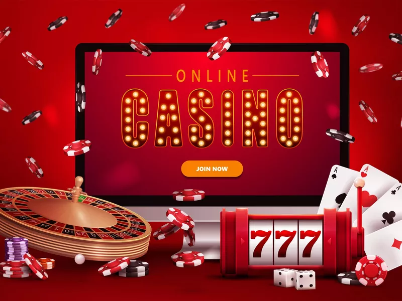 Online casino, red poster with monitor and slot machine