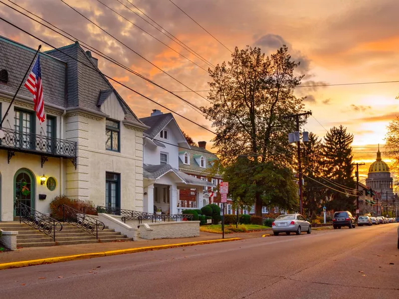 Sunrise behind the State Capitol in Charleston, West Virginia