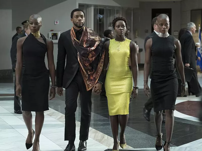 Florence Kasumba, Chadwick Boseman, Danai Gurira, and Lupita Nyong'o in Black Panther (2018)