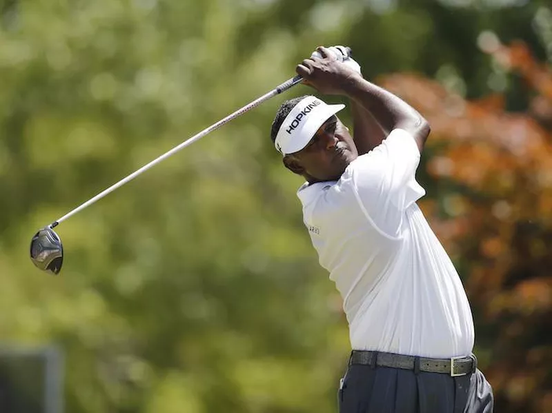 Vijay Singh hits from second tee