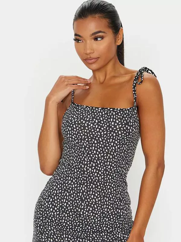 Black dalmatian print tie strap shift dress