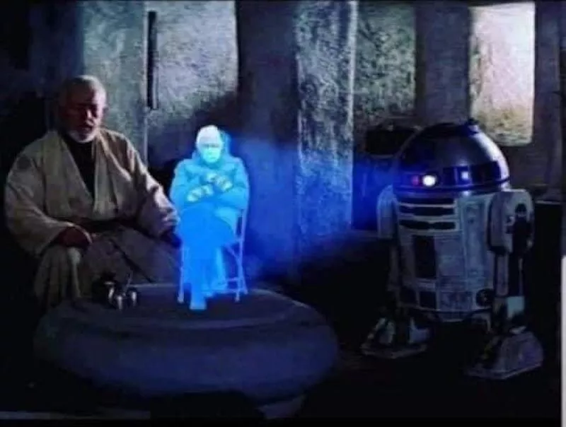 Bernie Sanders with Obi-Wan Kenobi and R2-D2 in 