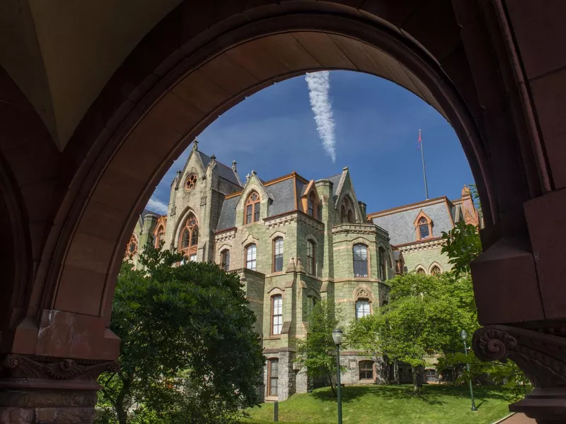 View of College Hall of UPenn through arched door