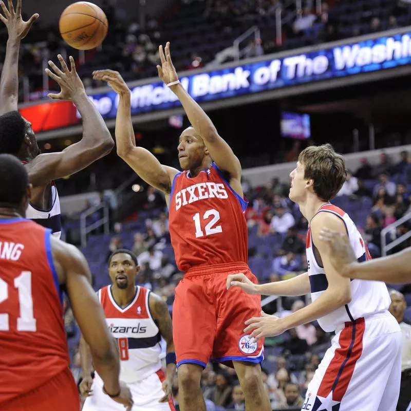 Evan Turner passes the ball against Washington Wizards