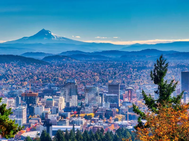 Portland Oregon skyline with Mt. Hood in Autumn