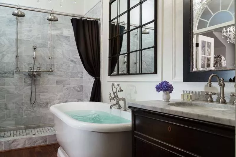 Bathroom with white soaking tub