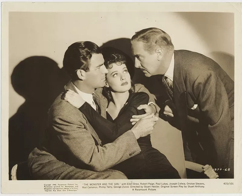 A production still of Rod Cameron, Ellen Drew and Paul Lukas in 