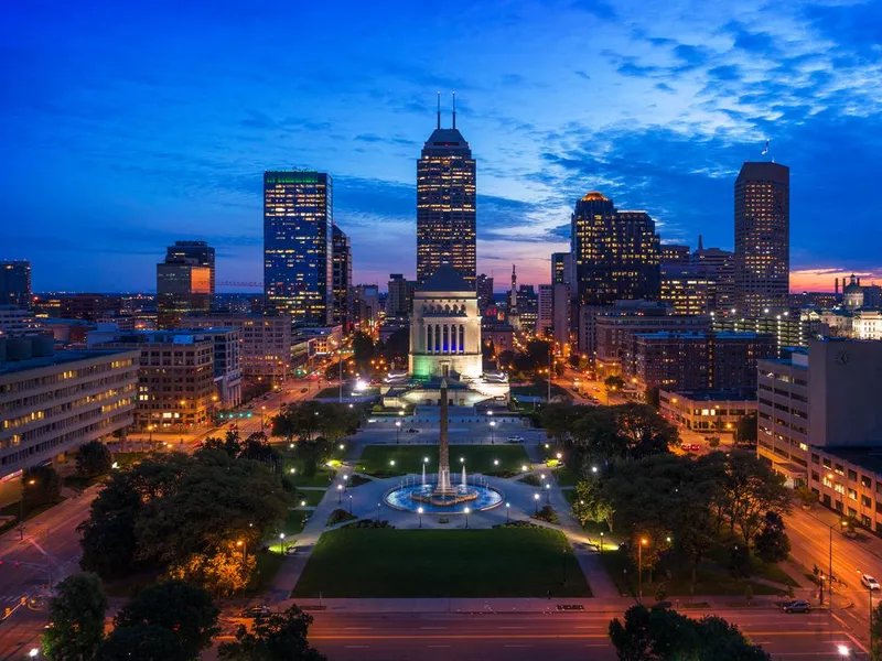 Indianapolis Skyline and Park Aerial at Dusk