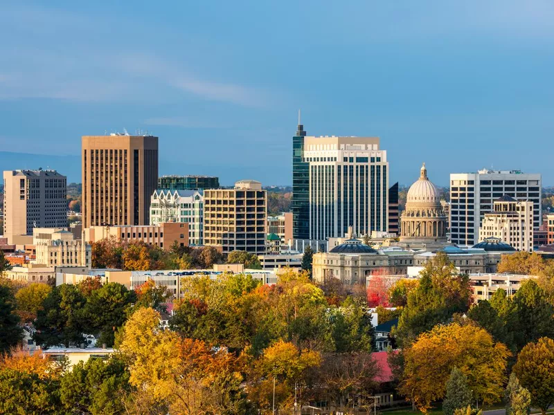 Autumn trees and the skyline of Boise Idaho