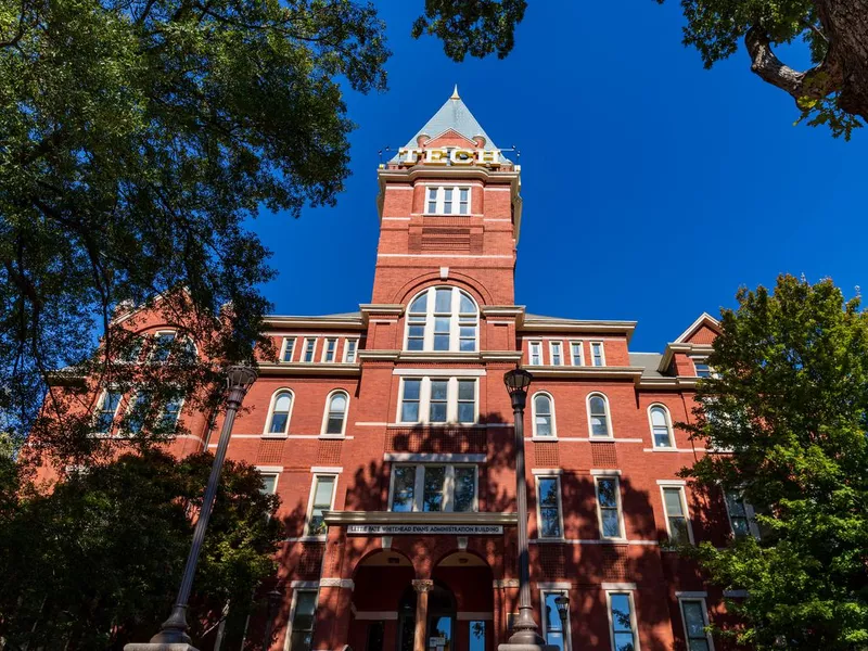 The Lettie Pate Whitehead Evans Administration Building, commonly known as Tech Tower, on campus of the Georgia Institute of Technology