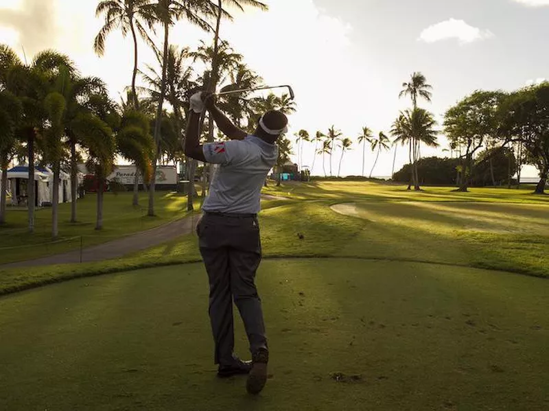 Vijay Singh drives on 11th tee