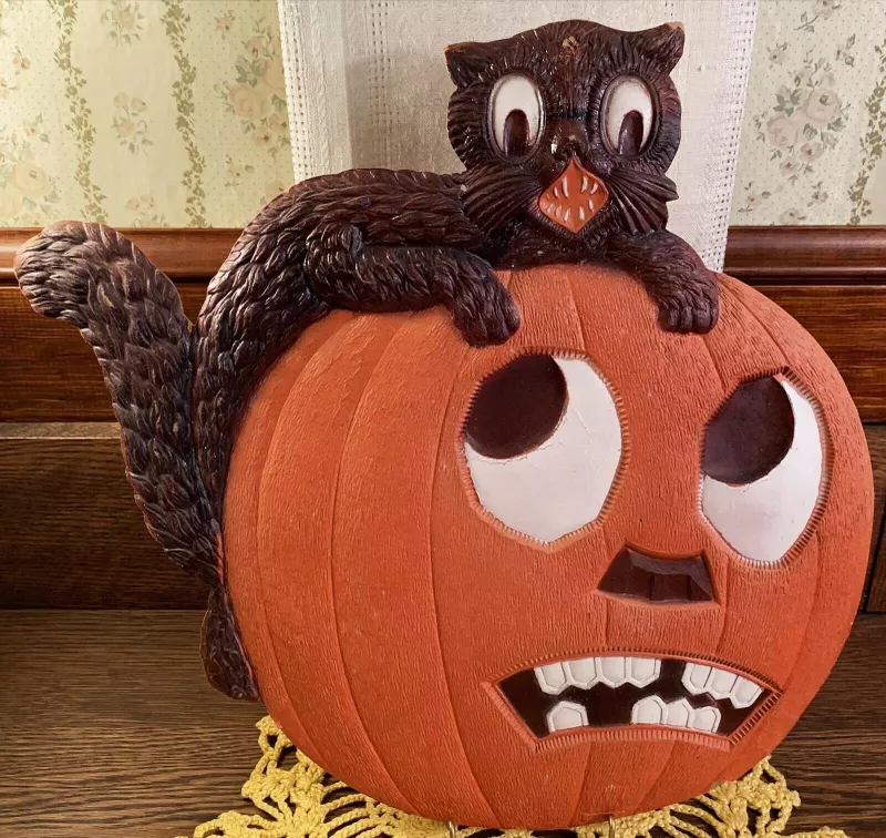 Vintage Halloween Frowning Jack-O'-Lantern and Cat Die-Cut Decoration