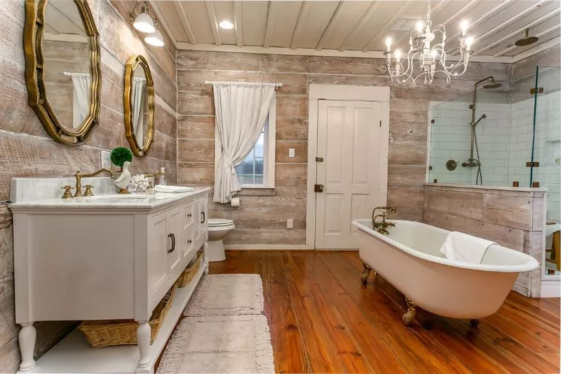 Bathroom with shiplap walls