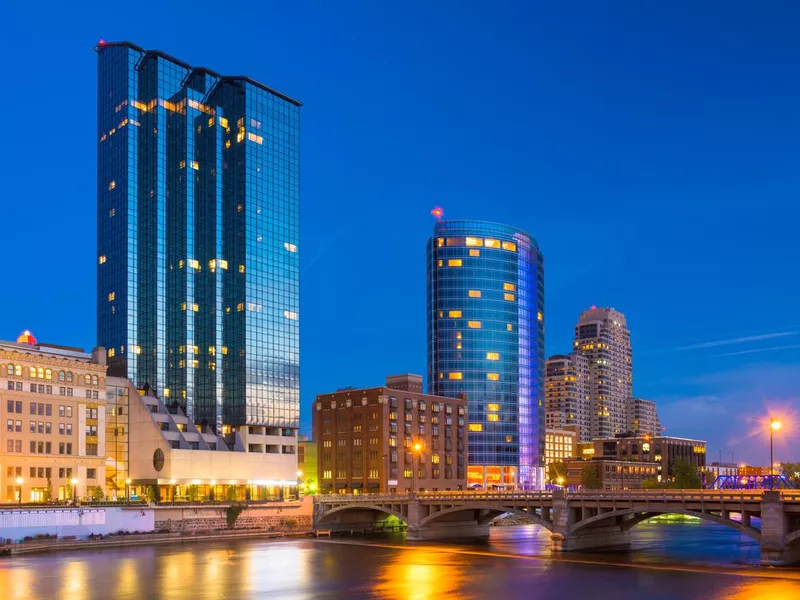 Grand Rapids Skyline and River at Dusk