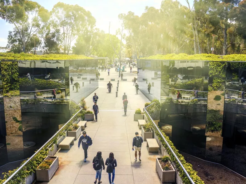 The mirrored pathway to Geisel Library, USCD