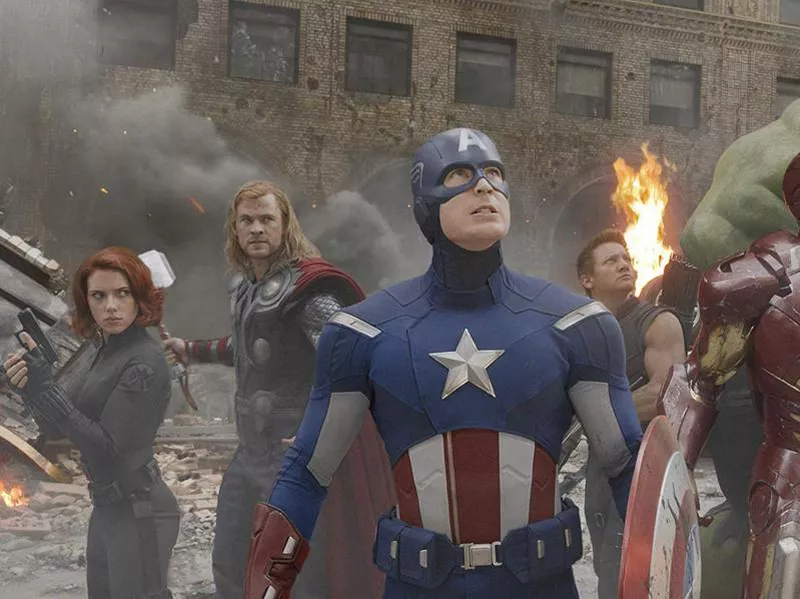 Robert Downey Jr., Chris Evans, Scarlett Johansson, Jeremy Renner, Mark Ruffalo, and Chris Hemsworth in The Avengers (2012)