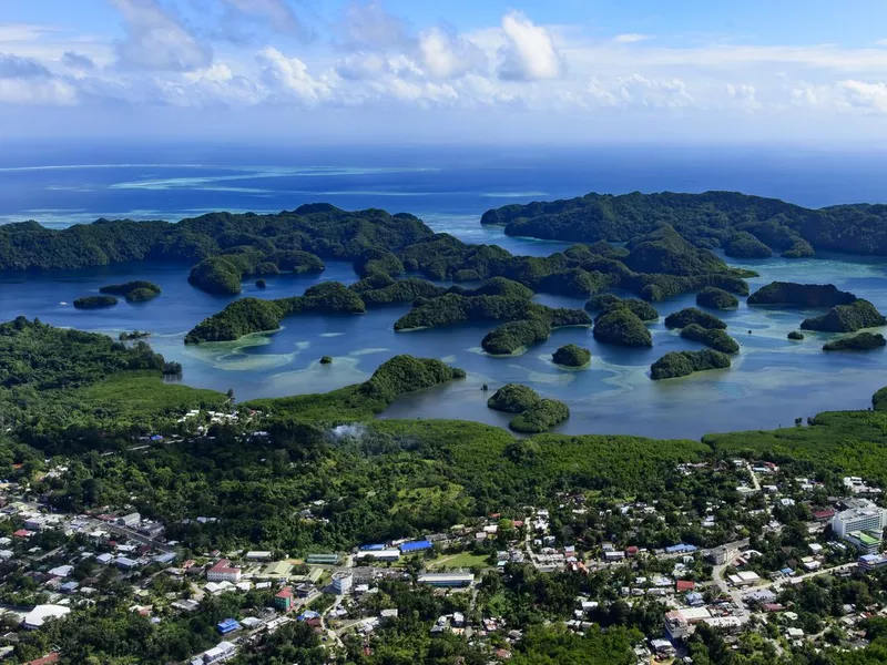 Koror City, Palau, and islands in the cove