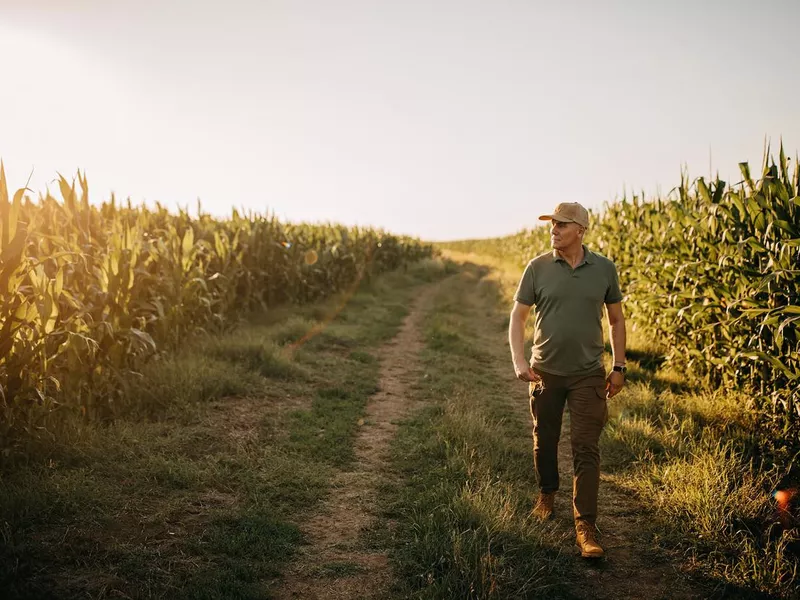 Farmer inspects his land