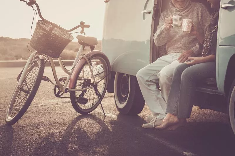 Having coffee in a parking lot