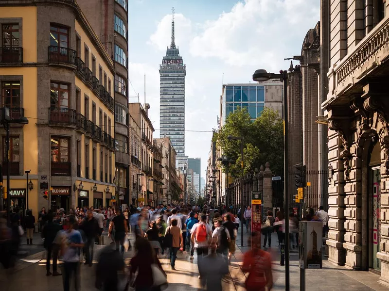 Pedestrians walking in the historic center of Mexico City, Mexico