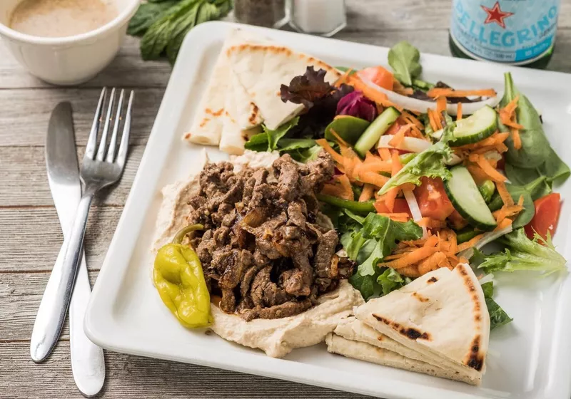 Beef over hummus, Sage Lebanese Cuisine & Cafe