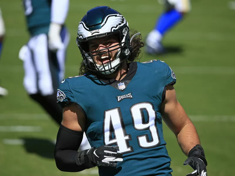 Philadelphia Eagles linebacker Alex Singleton smiles