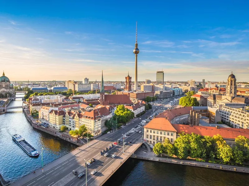 Berlin skyline with Spree river at sunset, Germany