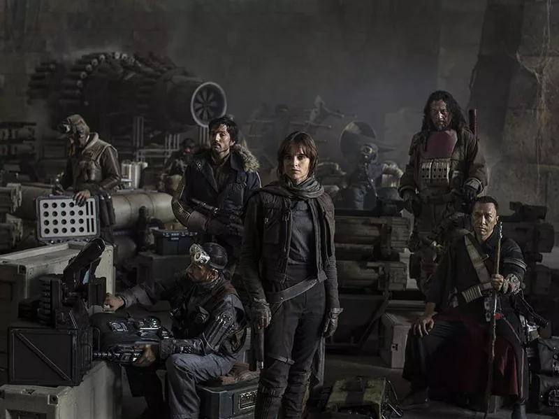 Wen Jiang, Felicity Jones, Diego Luna, Donnie Yen, and Riz Ahmed in Rogue One (2016)