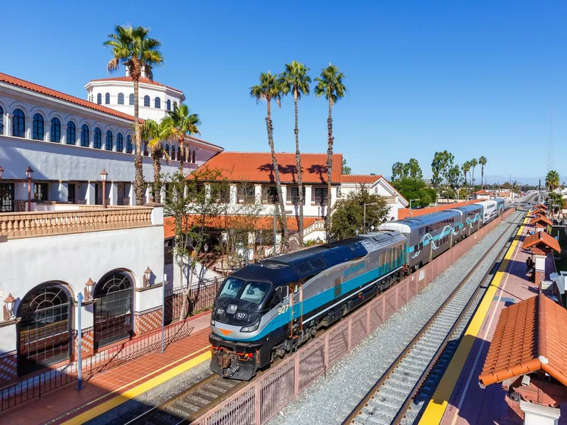 Metrolink commuter rail train at Santa Ana railway station near Los Angeles, United States