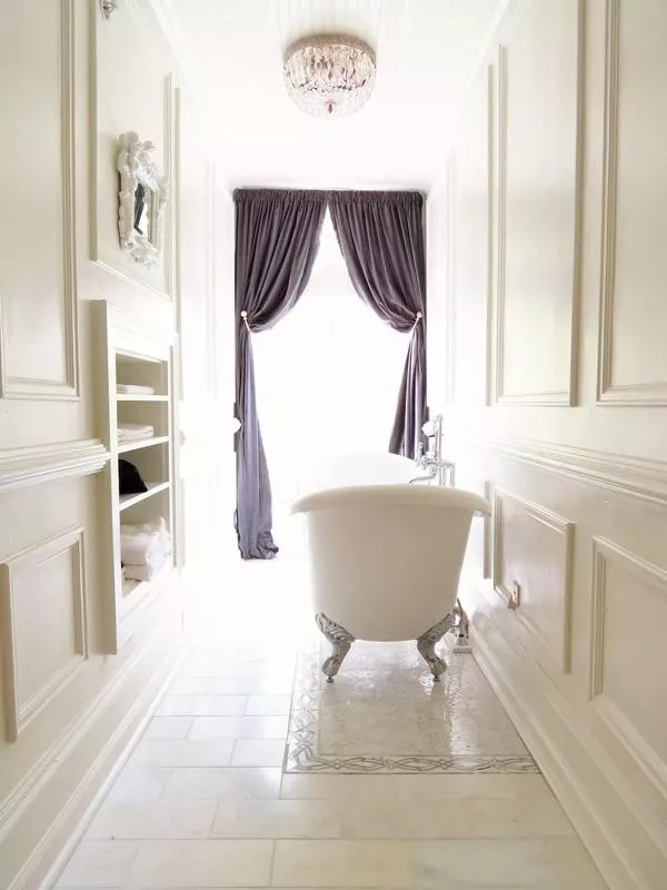 Long bathroom with soaking tub