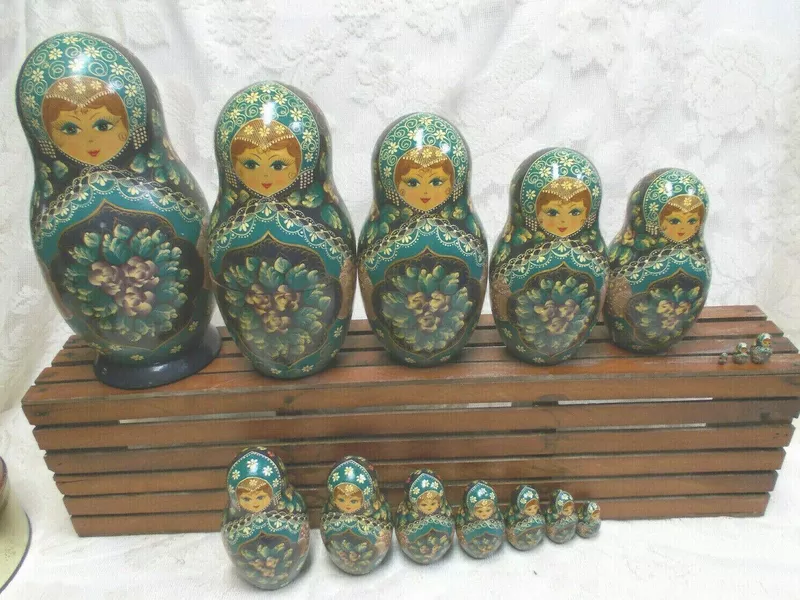 Hand-Painted Teal Russian Dolls