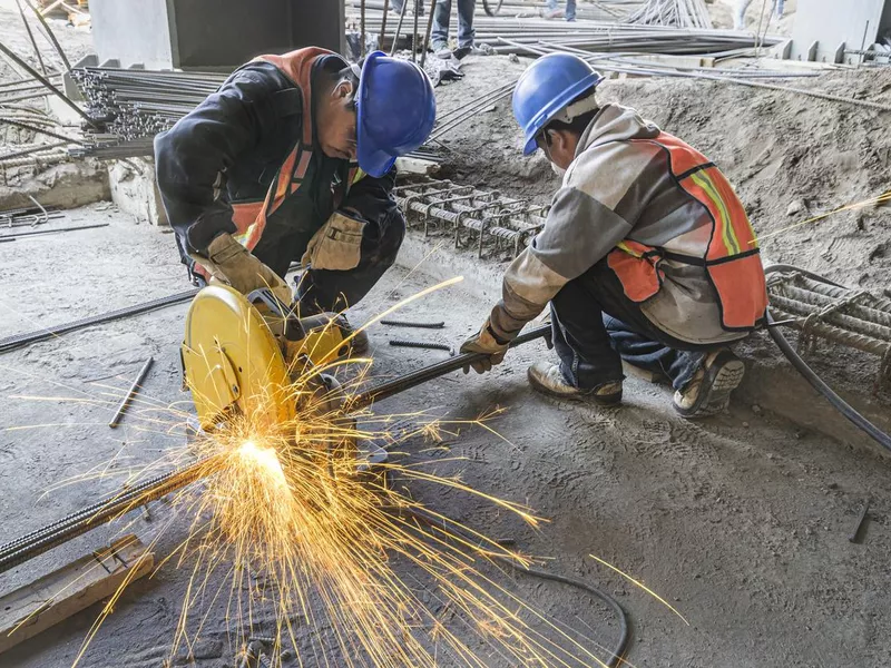 Men wearing protective equipment and welding metal tubes