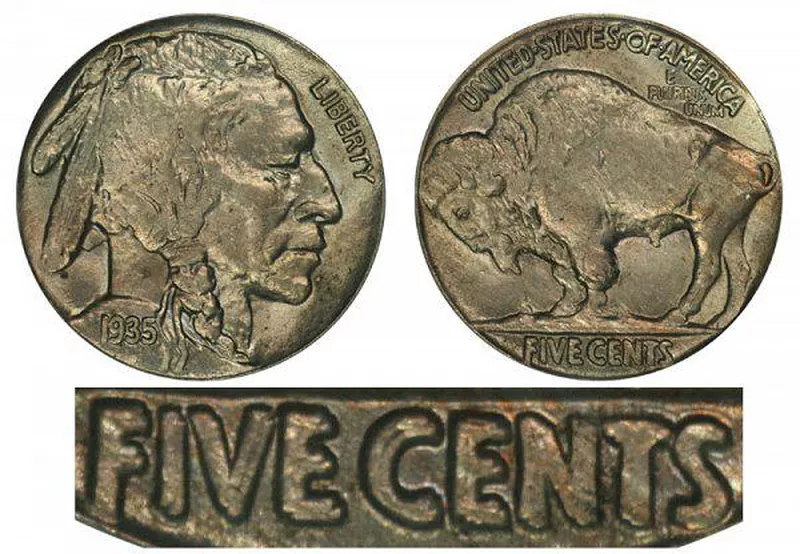 1935 Doubled Die Reverse Buffalo Nickel