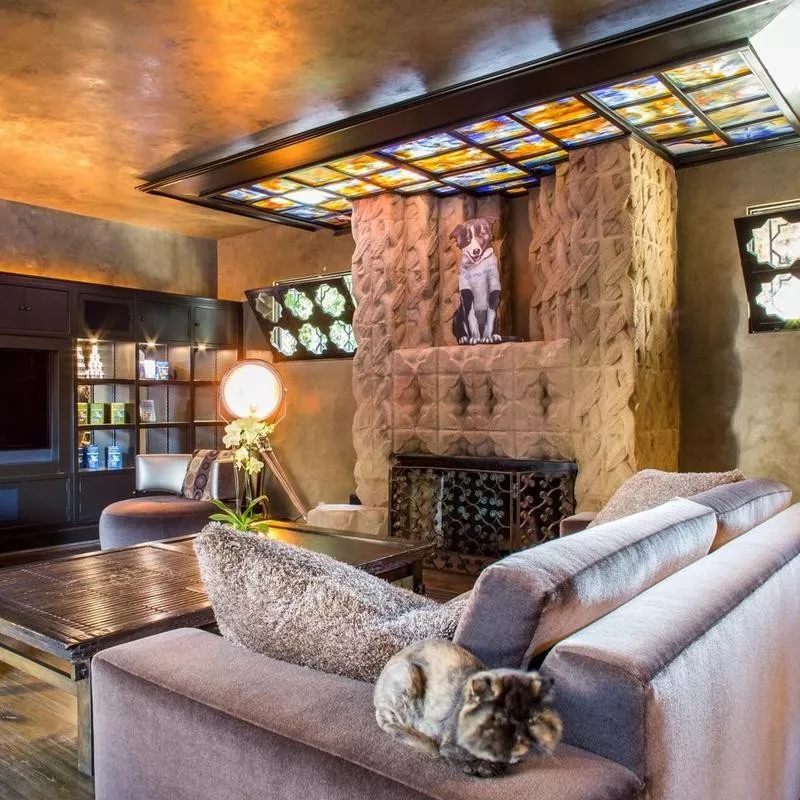 Mayan revival living room