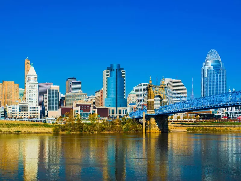 Cincinnati downtown skyline and the John A. Roebling suspension bridge