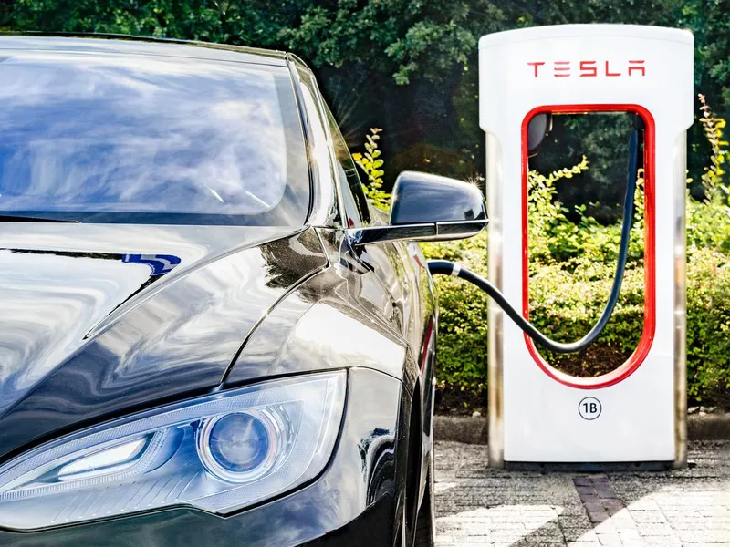 Tesla Model S electric car at a supercharger charging station