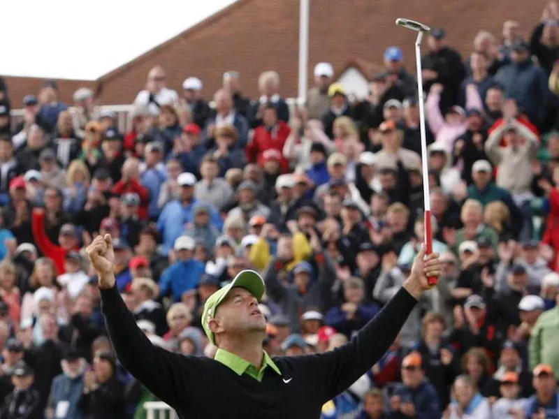 Stewart Cink watches his tee shot