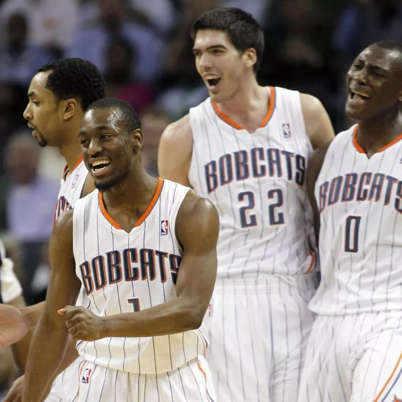 Charlotte Bobcats' Gerald Henderson Kemba Walker, Byron Mullens and Bismack Biyombo celebrate