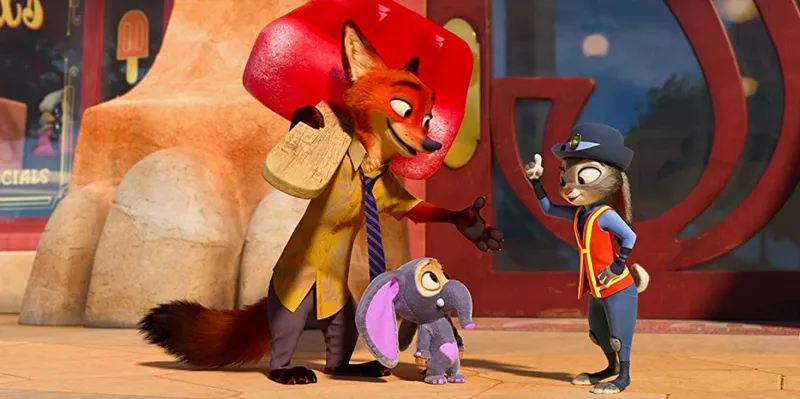 Jason Bateman, Tom Lister Jr., and Ginnifer Goodwin in Zootopia